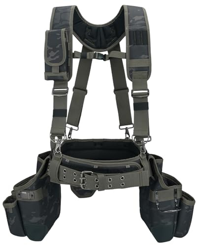 MELOTOUGH Camo Tool Belt with Suspenders Camouflage Tool Pouch Organizer Supenders Framers Combo Apron Tool Belt Construction Tool Bag Suspenders Heavy Duty Carpenter Suspension Rig (Green Camo)