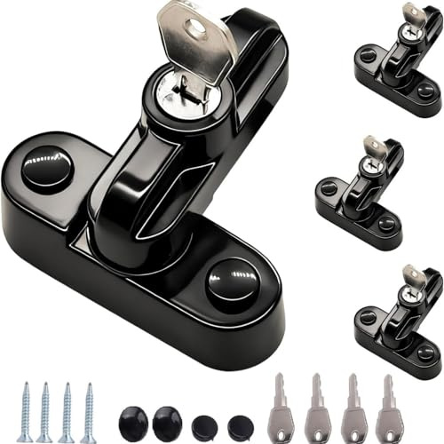 Tissting 4 Pcs Fenstersicherung Schwenkriegel mit 8 Schlüsseln, Schwarz Aluminiumlegierung T Form Fensterschlösser Einbruchschutz Sicherheit Schlösser für PVC UPVC Tür Fenster