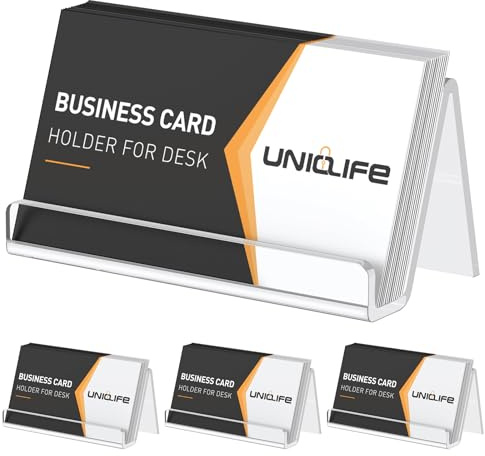 Uniclife 4 Pack Acrylic Business Card Holder for Desk,9 cm x 4.9 cm x 5 cm, Clear Horizontal Business Card Display Stand, Desktop Business Card Organizer for Office, 50 Card Capacity