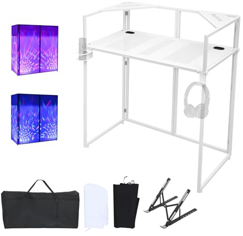 ANGELBECKE Portable DJ Booth Facade. DJ Table. Heavy-Duty DJ Table Stand Portable Booth, Iron Plate Surface DJ Facade Booth, with Carry Bag & Hook & Cup Holder (41.3L x 20.4W x 43.3H)