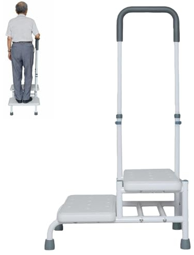 2 Treppenstufen Trittstufe, 5-Stufige Höhenverstellung Badewannenstufe mit Haltegriff, Rutschfester Tritthocker bis 350kg Tragkraft, Senioren Haushaltstritt für Badezimmer Küche Wohnbereich