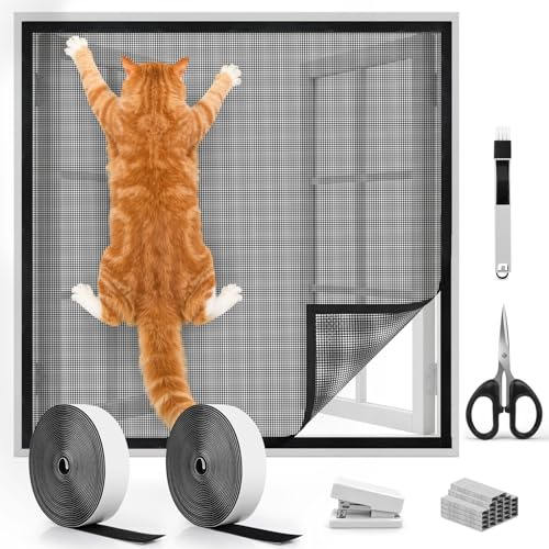 BELICOO Cat Window Guard, Thickened Self-Adhesive Window Fly Screen, Adjustable DIY Window Mesh Net for Cats with Brush/Scissors/Stapler/Staples, Pet Protection Net, Keep Bugs Out (Black, 100x150cm)