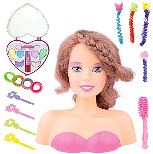 Makeup and Hair Styling Doll Head Toy Kit - Kids Pretend Play Set with Real Washable Cosmetics and Style Accessories for Little Girls