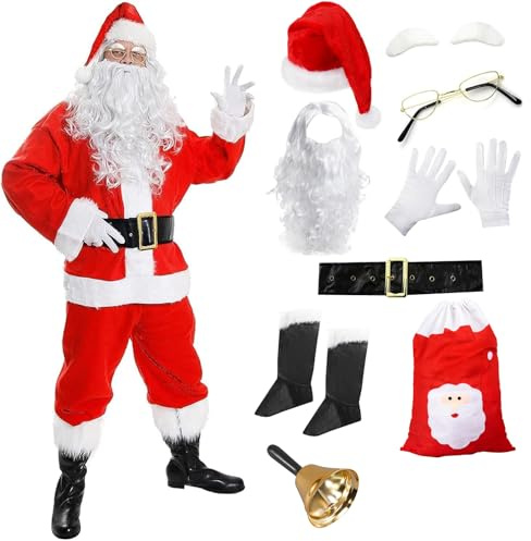 Deluxe Father Christmas Santa Costume – 12 Piece Complete Santa Outfit Fancy Dress Set with Wig, Beard, Eyebrows, Glasses, Gloves, Belt, Boot Covers, Bell & Santa Sack – Adults Xmas Dress Up