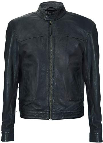 Veste Harrington Homme Ajustée en Cuir Véritable Gris avec Col en Cuir Véritable 5XL
