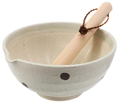 TIKUSAN Japanischer Keramik-Mörser und Stößel, Suribachi-Schüssel und Surikogi-Set mit Ausgießer, 18 cm, hergestellt in Japan (weiß)
