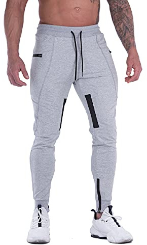 FIRSTGYM Pantalones Deportivos para Hombre de Ajuste Entallado para Entrenamiento de Muslo de Malla con Bolsillos con Cremallera - Gris - X-Large