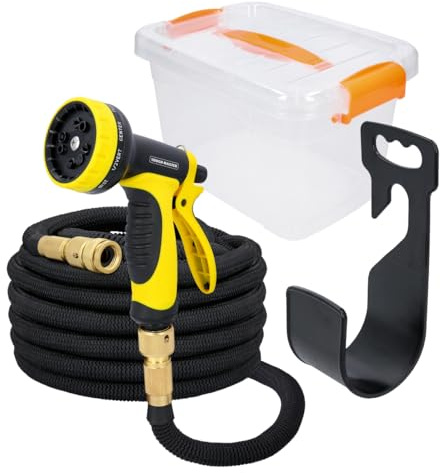 Tough Master Expandable Garden Hose 100FT Flexible Expanding Magic Watering Hose with 10 Function Spray Gun 3/4 1/2 Fittings Leak-Proof Hose Pipe Comes in Plastic Storage Box