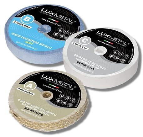 Lux Metal Kit 3 discos de pulido de 100 mm (A-B-C) en algodón juego de pulido espejo discos de pulido de aluminio metales acero inoxidable para taladro amoladora latón cobre madera mármol plexiglás