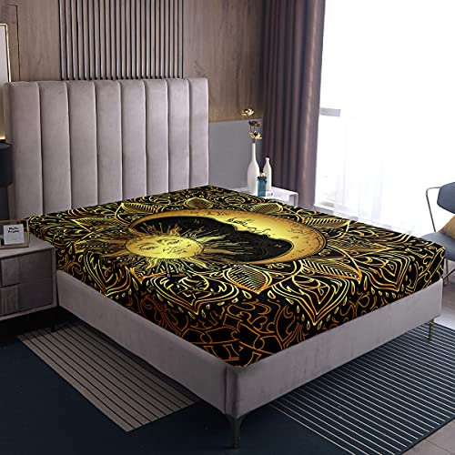 Böhmisches Spannbetttuch-Set 140x200,3D Golden Sonne Und Mond Bedruckte Bettwäsche für Kinder Teenager Mandala-Bettwäsche Dreamcatcher-Bettwäsche, Trippy Boho Hippie Dekor, Schwarz