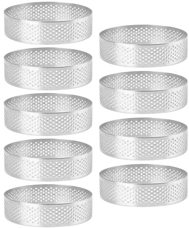 Frcctre 9 Stück runde Tortenringe, 9cm, perforierte Backkuchenringe, Edelstahl, antihaftbeschichtet, rund, Mousse-Ringe, Metallgebäck-Kuchenform, Back-Dessertring für Zuhause, Werkzeug zur