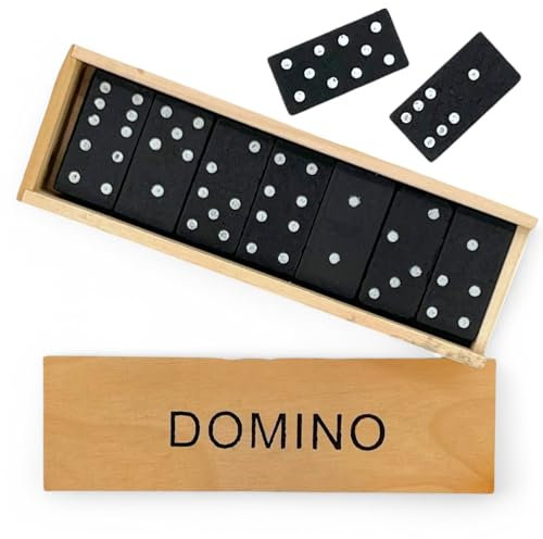 MIJOMA Holz Domino-Spiel – 28 Dominosteine mit klassischer Punkte-Markierung – In hochwertiger Holzbox – Familienspiel für Kinder & Erwachsene