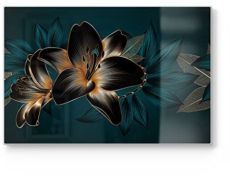 DEQORI Tabla de cortar de cristal, grande, 30 x 20 cm, diseño de lirios de alta calidad, placa de corte para cocina, antibacteriana y antideslizante, placa de cristal y bandeja para servir