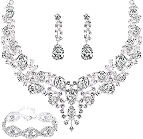Yolev Bride Jewelry Set Rhinestone Wedding Jewelry Set Silver Crystal Wedding Necklace Bracelet Earrings Jewelry Set Bridesmaids Prom Jewelry Set for Women