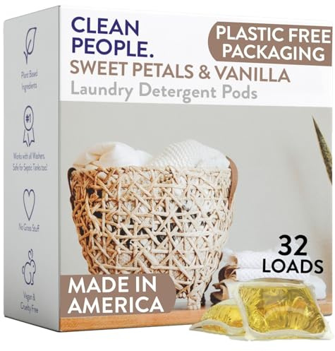 Clean People Laundry Washing Capsules - Plant-Based, Hypoallergenic Washing Capsules - Ultra Concentrated, Plastic Free, Recyclable Packaging, Stain Fighting - Sweet Petals, 32 Pack