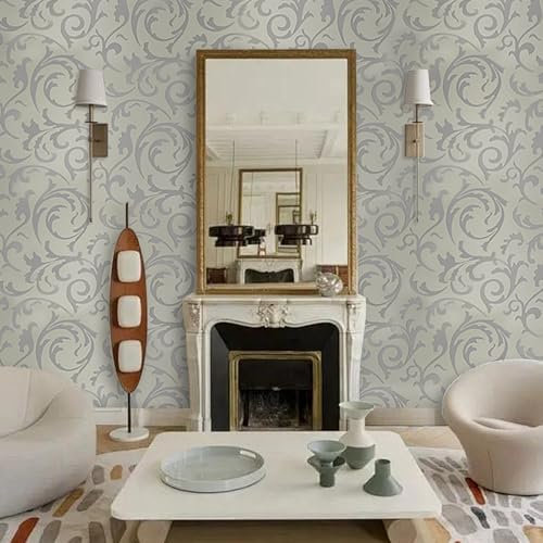 Snewvie 3D Effect Non-Woven Wallpaper Baroque Ornament Wall Wallpaper Leaf Pattern Glitter Retro Wallpaper 3D Embossed Wallpaper Roll Glitter Effect for Livingroom Bedroom,Silver Grey