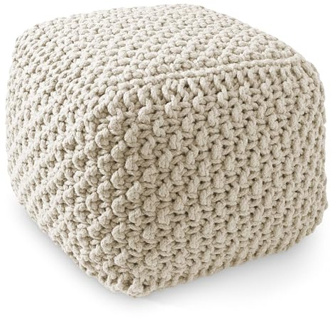 Casafield Square Pouf Ottoman, Natural - 18.5 W x 18.5 D x 14.5 H Cotton Knit Foot Stool - Boho Floor Pouffe for Living Room, Bedroom, Home Office