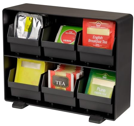 Baroni Home Organizer da Caffetteria in Plastica Resistente Porta Bustine di Tè, Organizzatore in 6 scomparti per +90 bustine tè, Design Funzionale e Facile da Pulire, 26x8x6 cm, Nero