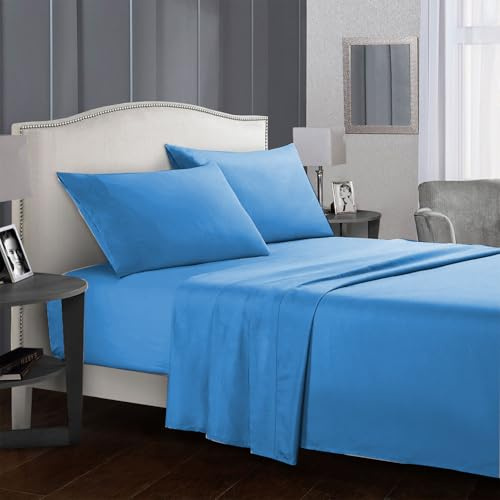 GREATOYAR Juego de Sábanas, Set Sábanas de 4 Piezas, 1 Sábana Bajera Ajustable, 1 Sábana Encimera, 2 Fundas de Almohada, Sábanas Modernas, Poliéster, Hipoalergénicas, Cama 150cm, Azul