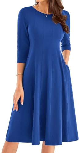 GRACE KARIN Klänningar dam elegant rund hals midiklänningar A-linje 3/4 ärm fritidsklänning casual, Safirblå, L