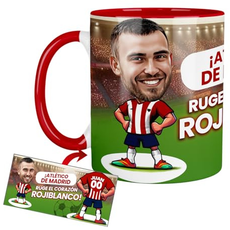 Anak Anak Tazas desayuno Futbol - Taza personalizada con caricatura y nombre - Tazas originales para regalar fanáticos futbol - Taza de futbol Español - Tazas de cafe 350 ML - Regalos (Atlético M)