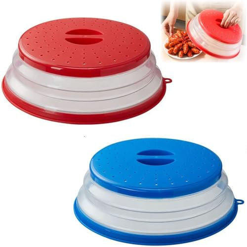 2 Pack Collapsible Microwave Food Cover BPA Free TPR, 10.5inch Round with Grip Handle, Multi-Functional Microwave Lid Basket Strainer for Fruit Vegetables Kitchen (Red+Blue)