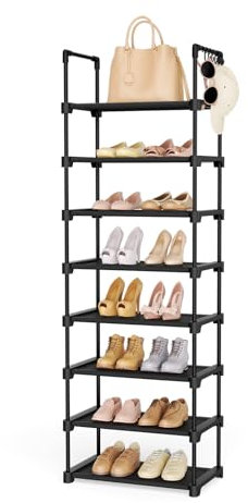 Vicye Schuhregal 8 Ebenen Offener Schuhschrank Schmale Hoch Platzsparendes Schuhregal Schwarz Kommt mit fünf Haken für 16 Paar Schuhe für Eingangs Flur Eingang Schlafzimmer und Garderobe Lagerung