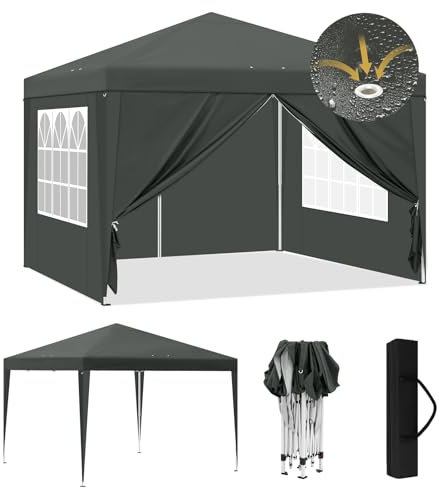 Laneetal Tonnelle Pliante 3x3m, Pavillon Imperméable, Tonnelle de Jardin, Tente Pliable, Barnum Réglable en Hauteur avec Parois Latérales et Fenêtres, pour Camping Barbecue Fête Plage, Anthracite