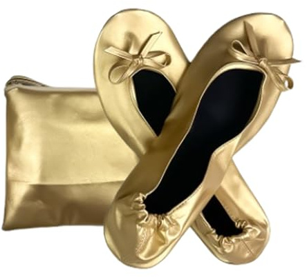 ccafgho Women's Foldable Ballet Flats Portable Slip-On Shoes for Wedding, Travel, Work & Driving (Gold L)