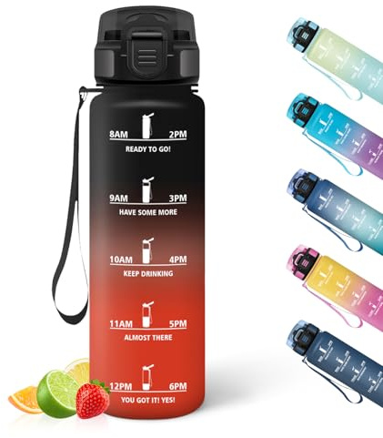 HoneyHolly Botella Agua, 1L, Marcador de Tiempo, Portátil, Water Bottle, Reutilizable, Botella Agua Gimnasio, A Prueba de Fugas, Cantimplora para Gimnasio, Ciclismo, Oficina y Exteriores