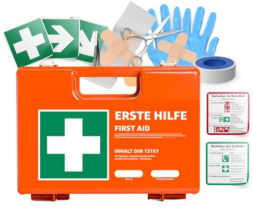 5 cajas de primeros auxilios – DIN 13157 – Maleta para empresas y empresas – Botiquín de primeros auxilios naranja probado según la norma actual – con adhesivo y soporte de pared (5)