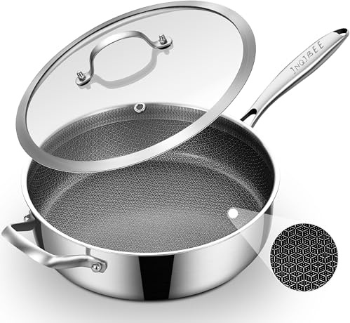 Inqibee Sauteuse Hybride 28cm à manche long et anse latérale – Couvercle Verre – Capacité 5 L – Sauteuse Profonde Inox Alvéolée – Compatible Induction – Anti-adhésif Sans PFOA – Four Lave-vaisselle