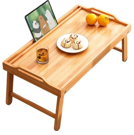 Bambu sängbricka bord med handtag, vikbara ben, frukostbricka, telefon och surfplattehållare, hopfällbart laptopskrivbord, köksservis fat 60 x 30 x 38 cm