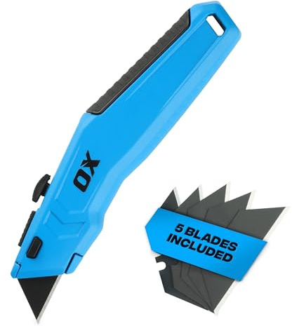 OX Pro Retractable Utility Knife with 5 Spare SK5 Blades, All-Metal Body | Metal Trade Box Cutter for Heavy Cutting – Quick-Change Double-Sided Blades, Ergonomic Grip for Site & DIY Use