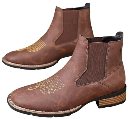 Stivaletti da cowboy alla caviglia per uomo casual retrò stivaletti tacco basso slip on scarpe moda western punta quadrata stivali, Marrone, 40 EU