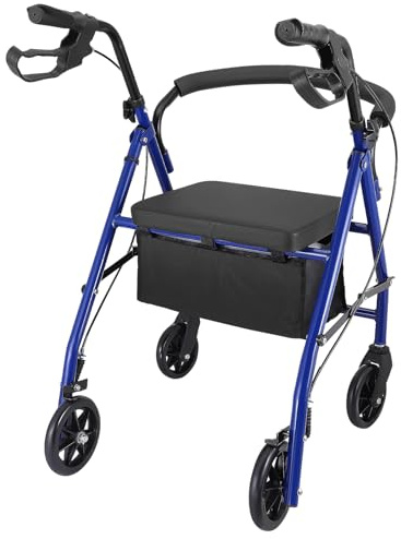 Folding Rollator, Walker with seat and Wheels Adjustable Height Rotatable Wheels Strong Carbon Steel Under-Seat Bag Lightweight Walking Aid for Elderly Handicapped All Terrain