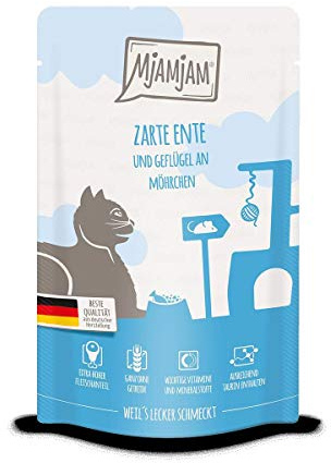 MjAMjAM Quetschie Pato y aves de corral en zanahorias | 12 x 125 g comida para gatos