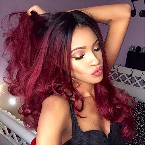 Lange Lockig Ombre Perücke Dunkel Wurzeln Mitte Teil Eisstockschießen Welle Realistisch Natürlich Synthetik Länge Lose Haar Perücken zum Damen Cosplay Party Kostüm,E