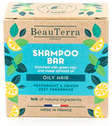 BeauTerra - Shampoing Solide pour Cheveux Gras, 75g - à l'Argile Verte et Huile d'Amande Douce - Shampoing Fabriqué en France - Eco-conçu et Zero Déchet