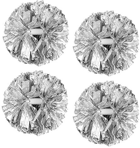 4Pcs Metallic Cheerleading Pom Poms, Creatiee 2 Pair Cheerleader Cheering Squad Pompoms for School Sports Dance Games Team Spirit Cheer (Silver)