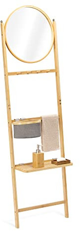 Navaris Bambus Handtuchleiter mit Spiegel - Handtuchhalter Leiter Regal Handtuchständer - Holzleiter mit Körbchen - Ablage für Badezimmer Flur