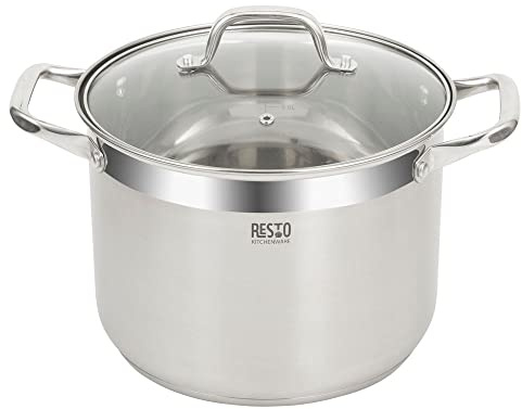 RESTO Rostfri stålgryta 24 cm – soppgryta, universell kastrull 7 l – gryta med lock – kruka för alla typer av spisar inklusive induktion – belagd kruka med värmebeständigt glaslock, mätskala