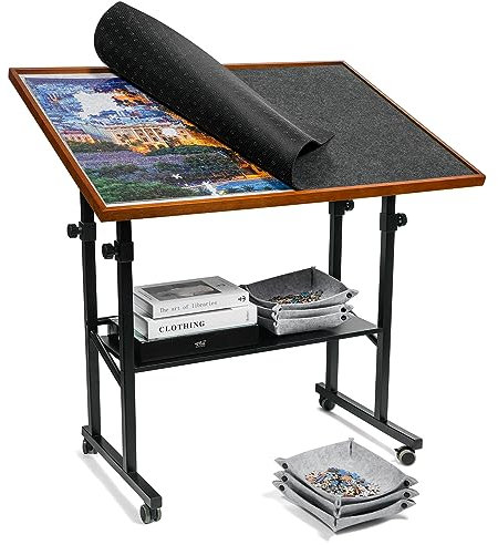 ikkle Jigsaw Puzzle Table with Legs for 1500/1000 Pieces,10-Tilting-Angle & Height Adjustable Puzzle Board with Cover & 6 Sorting Trays & Wheels for Adults and Kids