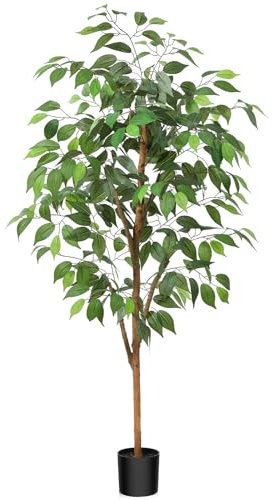 Fopamtri Künstliche Pflanzen Groß 120 cm Ficus Benjamina Kunstpflanze mit Naturholzstamm, Zimmerpflanze Kunstbaum im Topf für Zuhause Büro Balkon Dekoration (1 Stück)