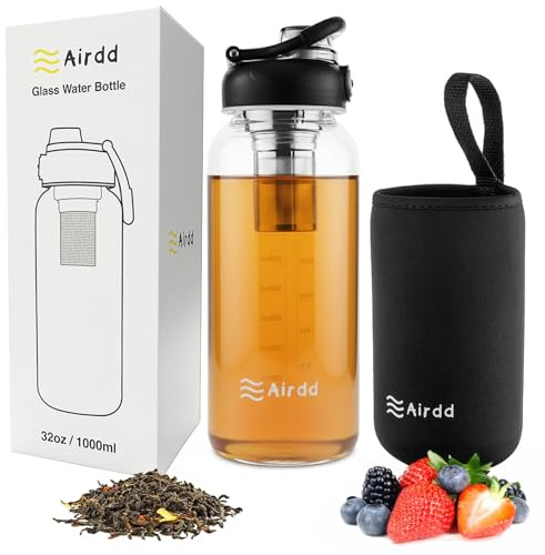 Glass Water Bottles with Stainless Tea Infuser 32oz, BPA-Free, Wide Mouth, Leakproof, Protective Sleeve, Borosilicate Glass for Tea and Fruit Infusions, Durable Travel Companion, Reusable Bottle