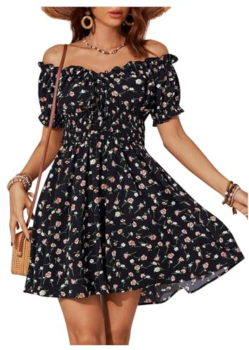 GORGLITTER Women's Floral Off Shoulder Ruffle Mini Dress A Line Flared Short Sleeve Vacation Beach Dresses Black Medium