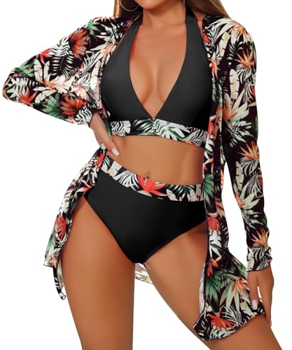 TERODACO 3 Piece Womens Bikini Sets Halter Neck Removable Padded Swimming Costume Women Soft Quick Dry Cover Ups for Ladies Beachwear Swimsuit Bathing Suit,Seamless Lightweight 6011 Black M