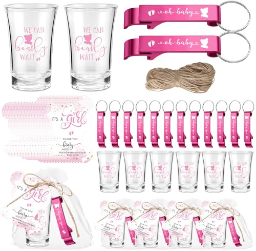 Singhoow 50 Sets Baby Shower Favor for Guests Acrylic Shot Glasses with Bottle Opener Keychains Thank You Tags and Bags Gender Reveal Party Favors for Guest Baby Shower Return Gift(Bear Girl)