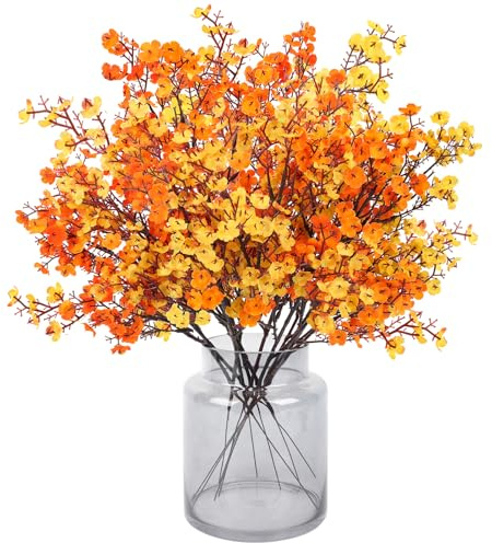 N&T NIETING konstgjorda höstblommor, 12 stycken slöjkål konstgjord gypsophila blommor höstblommor för gör-det-själv bröllop bukett party bord centerdelar trädgård hem höstdekoration (orange och gel)