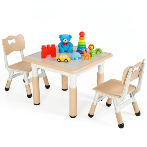 Clevich Kids Table with 2 Chairs, Children's Seating Height Adjustable, Painting Table Chair Set, Children's Furniture for Playroom, Nursery and Study Room, Square Table for Boys & Girls from 3 years